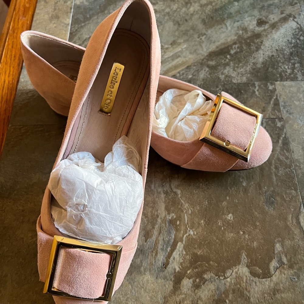 Ladies Pink Suede Shoes with Gold Buckle